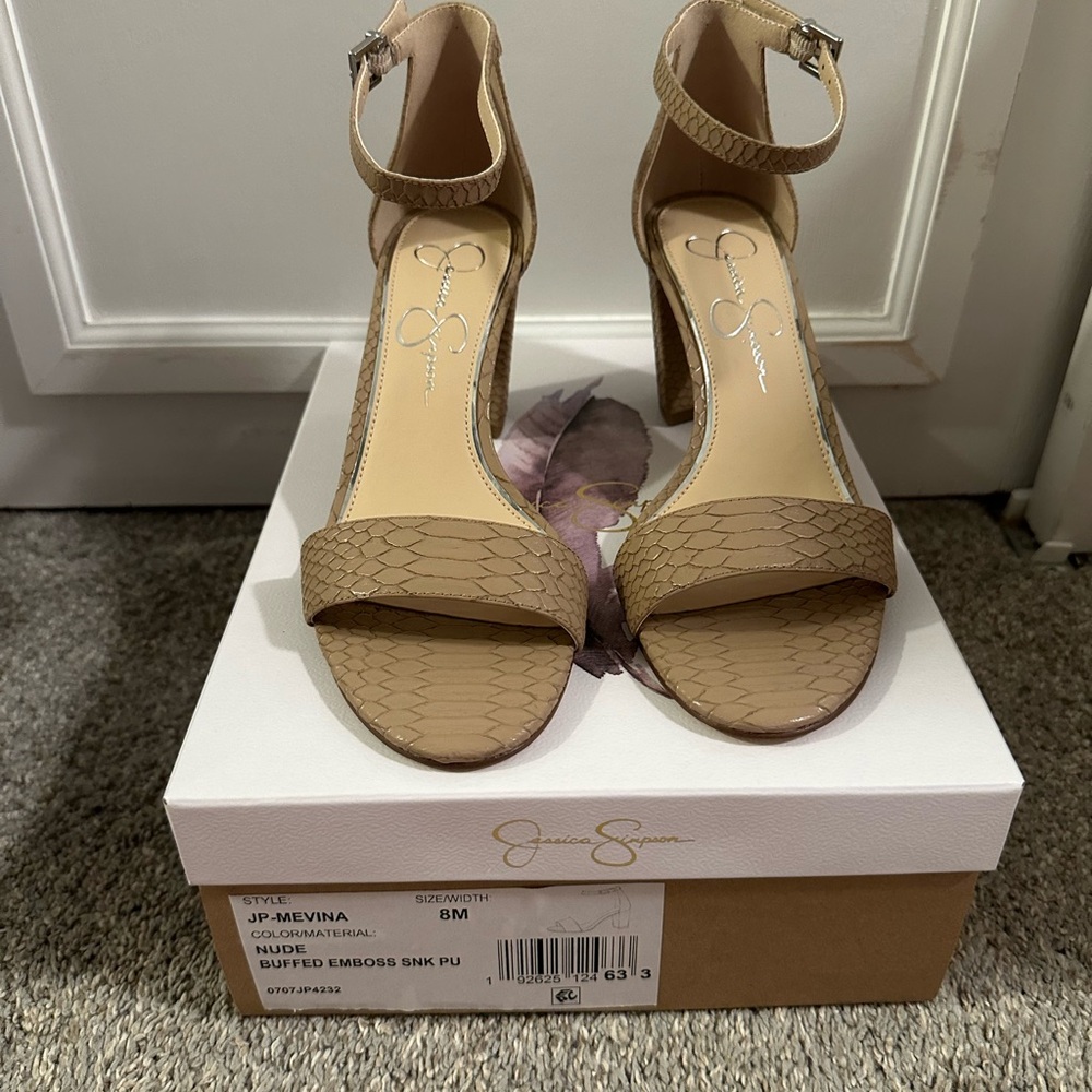 Jessica Simpson Tan Nude Snake Embossed Block Heel Sandals - Picture 3 of 5